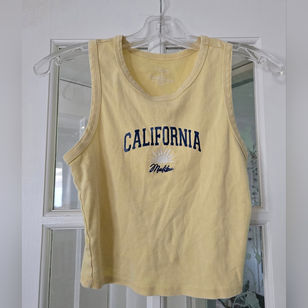 Home Girl Society Malibu California Yellow Tank Crop Top Shirt Womens Small Y2K